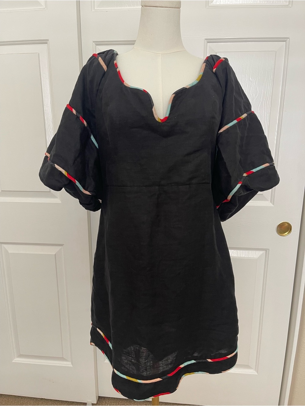 Farm Rio Short Sleeve Linen Dress with Multicolor Trim